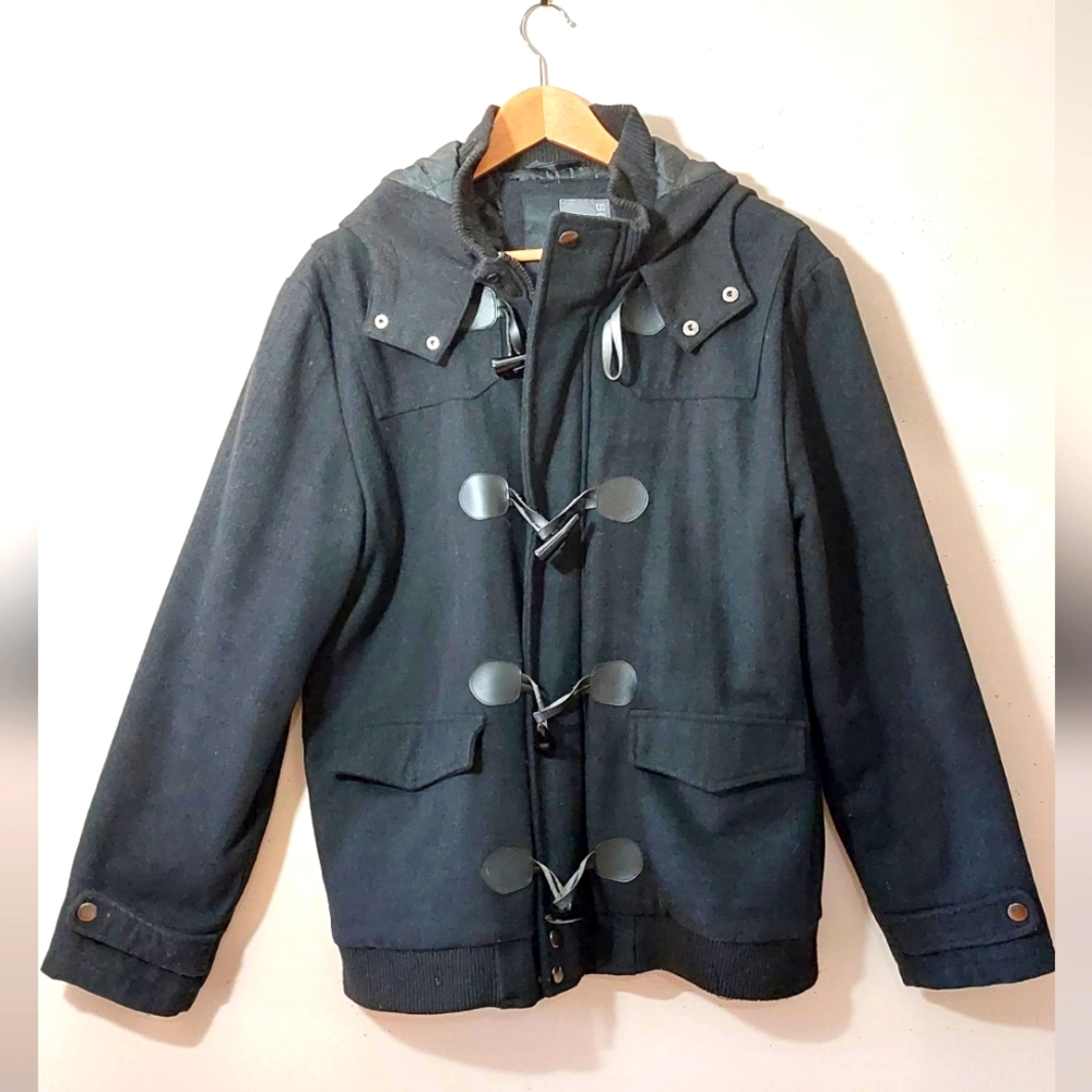 Black Wool-Blend Coat with Toggle Closure and Hood